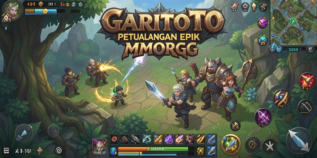 Screenshot dari gameplay GARITOTO yang menampilkan pertempuran epik di dunia MMORPG.