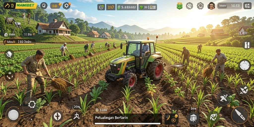 Screenshoot gameplay MAMIBET menampilkan ladang yang subur dan hewan ternak yang bahagia.